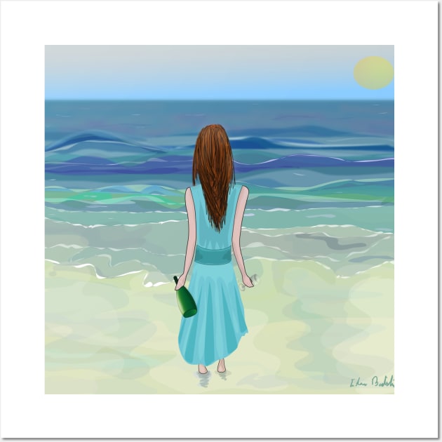 Woman Standing in Front of the Ocean with Bottle of Champagne and a Glass Wall Art by ibadishi